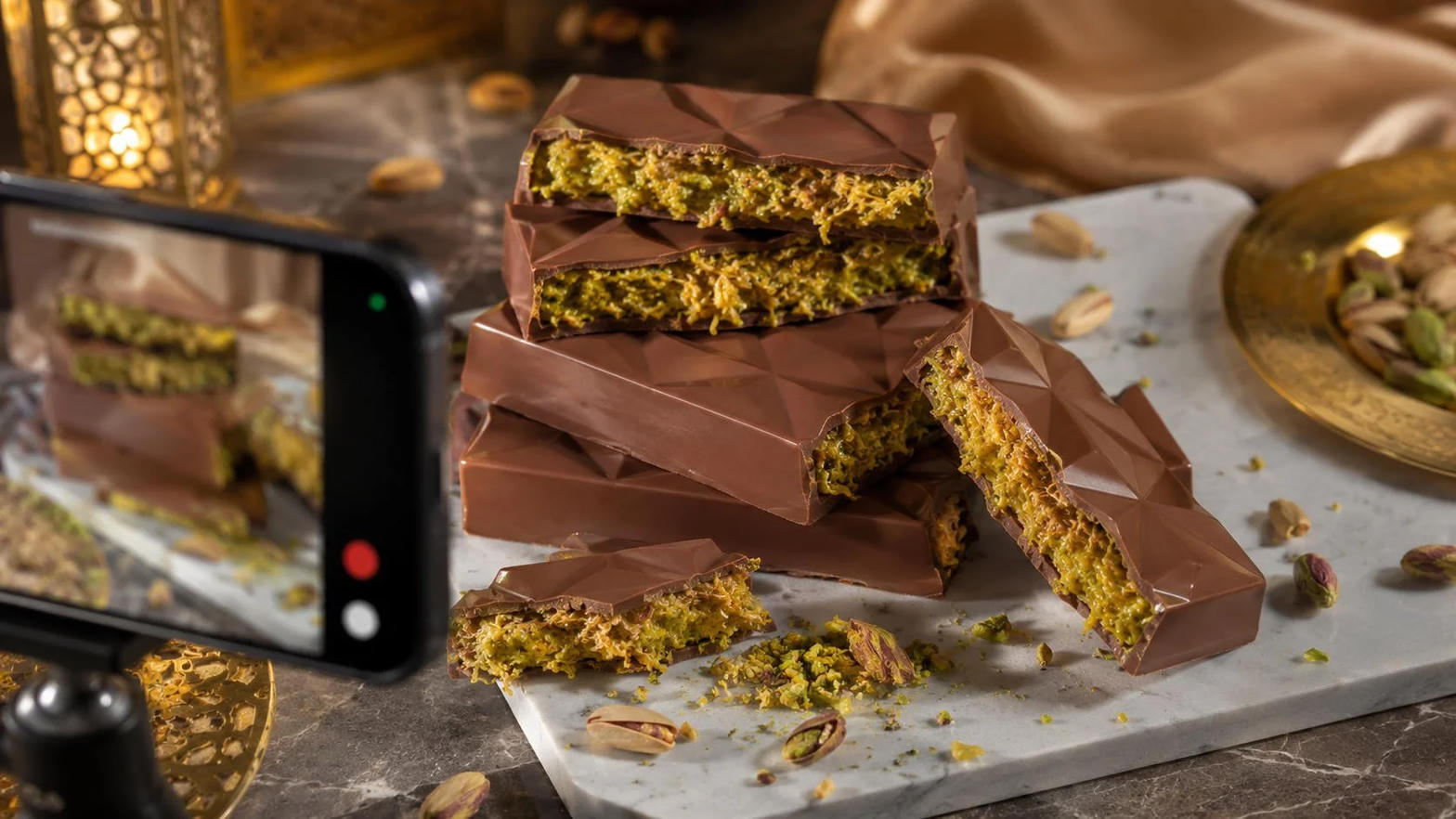 Pistachio Dubai chocolate slab, broken open